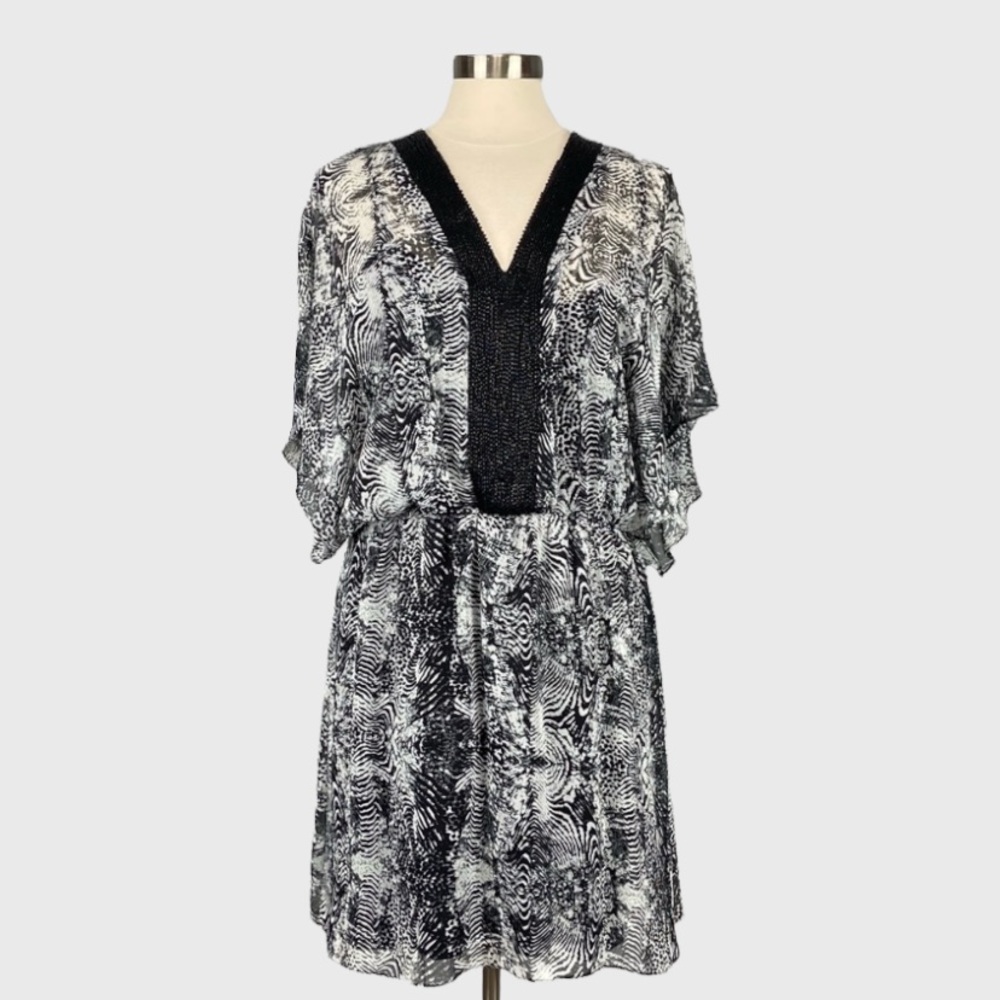 Badgley Mischka Womens Animal Print Beaded Dress Black Gray Chiffon size 12